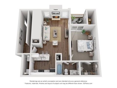 Floor plan for 1 bed, 1 bath, 675 sqft